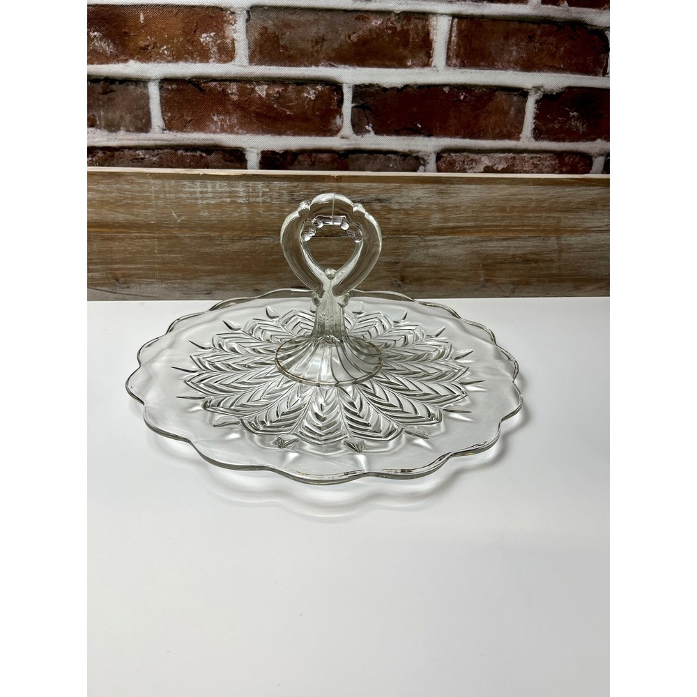 Glass Pedestal Cake Stand Leaf Pressed Pattern Scalloped Edge
